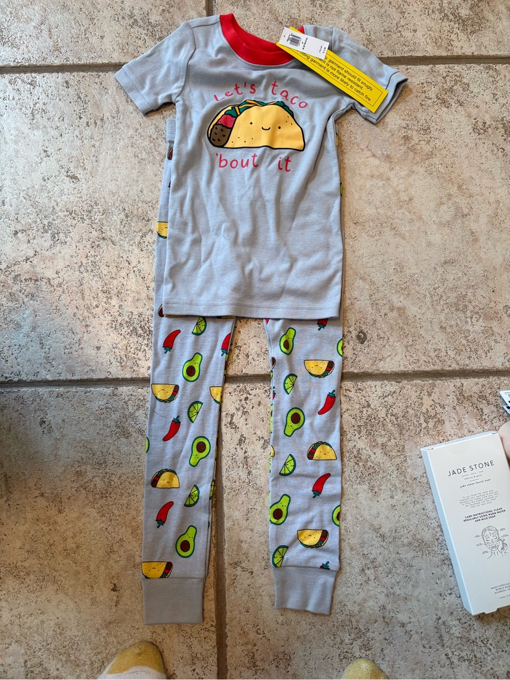 Kids Gray Taco-Print Pajama Set with Red Collar 4t